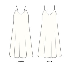 Wall Mural - Vector drawing of a classic summer dress on the straps. Template of women's long dress front and back view. Outline sketch of a fashionable free-cut dress.