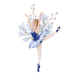 Dancing girl decorated with gypsophila flowers and decorative twigs. Theatrical performance of an elegant ballerina in a blue tutu and pointe shoes. Digital isolated illustration