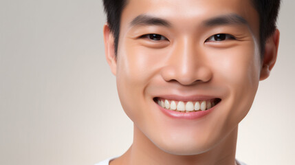 closeup photo beautiful young  asian male  face part with laughing moth showing bright teeths