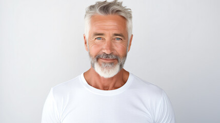 Wall Mural - portrait of an 60 year old caucasian male with short black grayling hair and beard isolated against a white background