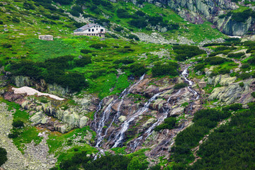 Wall Mural - aerial panoramic view of seven rila lakes and waterfalls in nature of mountain range, hiking, trekki