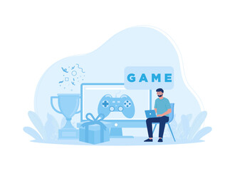 a man sitting on a chair in front of a computer with a game sign concept flat illustration