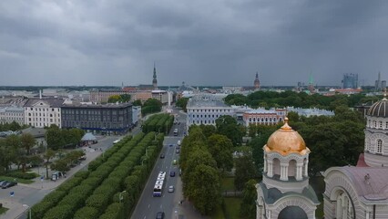 Wall Mural - Beautiful aerial view of Riga city - the capital of Latvia. Christ Cathedral - Famous Church And Landmark
