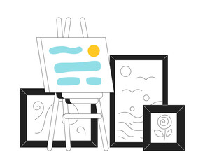 Poster - Abstract paintings monochrome flat vector object. Exhibition of paintings. Picture on easel. Editable black and white line art drawing. Simple outline spot illustration for web graphic design