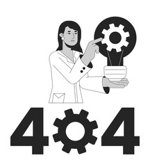 Fototapete - Mechanics science black white error 404 flash message. Busy woman turns cogwheel. Monochrome empty state ui design. Page not found popup cartoon image. Vector flat outline illustration concept