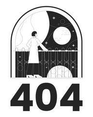 Fototapete - Space exploration black white error 404 flash message. Woman looking on universe. Monochrome empty state ui design. Page not found popup cartoon image. Vector flat outline illustration concept