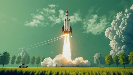 Wall Mural - A rocket launching into the sky with a striking red and white color scheme. Generative ai