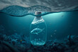 Floating plastic bottle with fish, ocean plastic pollution. Hopelessness concept. Generative AI