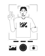 Poster - Man showing v sign and taking photo bw concept vector spot illustration. Selfie 2D cartoon flat line monochromatic character for web UI design. Editable isolated outline hero image