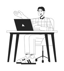 Fototapete - University student sitting at table flat line black white vector character. Editable outline full body person. Student desk laptop simple cartoon isolated spot illustration for web design