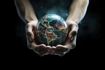 Business man holds an electronic earth planet in his hands. Technological progress and the development of artificial intelligence to transform the natural eco system into a robotic one