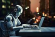 Technologically progressive robot works in a large office typing on keyboard behind a laptop. Successful company for the creation of artificial intelligence and new business. AI replaces workers
