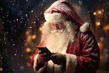 Santa Claus In His Residence At The North Pole Holds A Phone In His Hands And Reads Messages And Letters From Children With Their Wishes For Christmas. New Year's Gifts And Congratulations Online