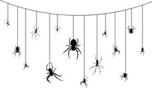 Spiders On The Web, Halloween Gothic Garland, Spooky Garland, Wednesday Style Vector Illustration