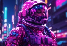 Retrofuturistic Illustration Of Astronaut In Futuristic Neon Lit Cyberpunk City. Neon Pink Blue Violet Night Astronaut