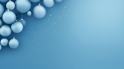 Wall Mural - Christmas and New Year holiday background. Blue Glass Balls hanging on ribbon on Navy blue background with snowflakes, copy space for text. The concept of Christmas and New Year holidays
