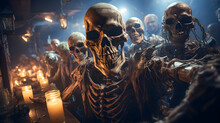 Spooky Halloween Background. Group Of Skeletons Taking A Selfie Celebrating Halloween Night. Generative Ai