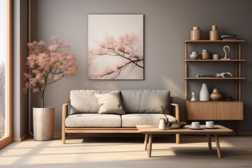 Wall Mural - A contemporary living room with a brown wooden sofa, a gray bookstand, a glassy vase filled with flowers, various decorations, and classy accessories. The color scheme consists of beige tones and