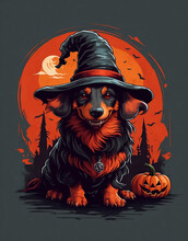 Dachshund In A Witch Hat Ready For Halloween At Night In A Grove With Pumpkins And Bats