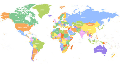 Naklejka na meble Colored world map. Political maps, colourful world countries and country names. Geography politics map, world land atlas or planet cartography vector illustration