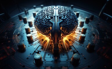 double exposure of a creative hologram of a human brain microchip. future technologies and ai concep