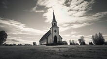Church In The Countryside In Black And White Made With AI Generative Technology, Property Is Fictional