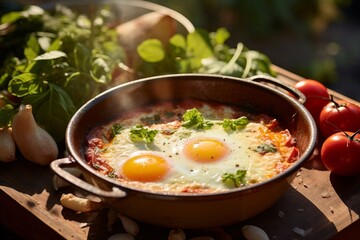 Traditional north african oriental dish shakshouka made of eggs poached in a sauce of tomatoes, olive oil, bell peppers, onion and garlic, spiced with cumin, paprika and cayenne pepper