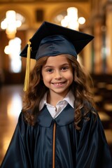 Wall Mural - Photography of a pleased, child girl that is wearing a graduation gown and cap against a grand auditorium background. Generative AI