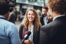 Young Professional Politician Woman Being Interviewed Live By A Tv Broadcast Channel With Microphones And Cameras On A Press Conference Outside On The City Street. Generative AI