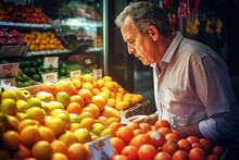 In A Local Grocery Store, A Man Carefully Inspects And Selects A Variety Of Fresh, Colorful Fruits, Considering Their Quality And Nutritional Value. Generative AI, AI.