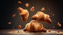 Advertisement Studio Banner With Freshly Baked French Butter Croissants Flying In The Air On Pastel Gradient Background. Food Ingredient Levitation.
