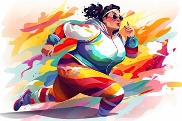 Stylish plus sized model runner on a bright multicolored paint splash background.