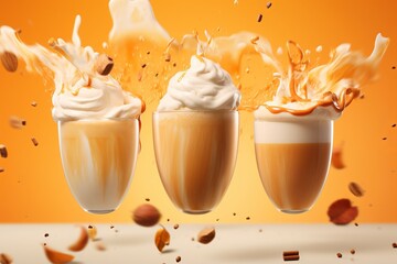 Wall Mural - Advertisement studio banner with splashing pumpkin spice latte and whipped cream topping flying in the air on pastel gradient background. Food ingredient levitation.