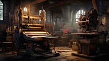 A Classic Printing Press, Brass And Wooden, The Press Is Loaded With Fresh Ink, Sheets Of Textured Paper Ready To Be Imprinted, Seen In A High Contrast Light, The Ambience Of An Old Workshop