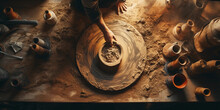 A Pottery Wheel In Motion, Hands Of The Potter Skillfully Shaping The Clay, Splattered Clay All Around, Warm, Rustic Tones, Earthy And Organic Ambiance, Nostalgic And Crafty Feel, Side Soft Light