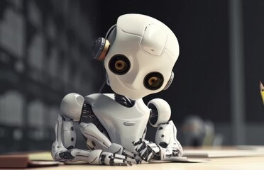 Poster - A robot holding a pencil while sitting on the ground. Generative ai