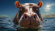 The Muzzle Of A Hippopotamus Under The Water Of The Lake. Close Up Of Hippo Peering Out The Water. Illustration For Cover, Card, Postcard, Interior Design, Decor Or Print.