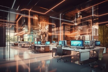 modern neon cyberpunk open space office interior blurred with information technology overlay. corpor