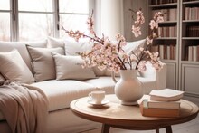 A Cozy And Elegant Living Room View Featuring A Cup Of Coffee Resting On A Stack Of Books, Placed On A Round Wooden Table. The Room Is Adorned With Blossoming Apple Tree Branches Displayed In A