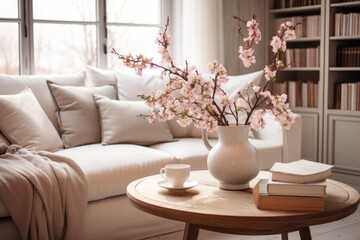 Sticker - A cozy and elegant living room view featuring a cup of coffee resting on a stack of books, placed on a round wooden table. The room is adorned with blossoming apple tree branches displayed in a