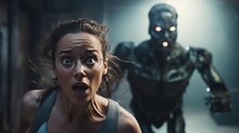 A Frightened Woman Running Away From A Scary Robot, Artificial Intelligence. AI Threats And Risk Extinction. Generative AI