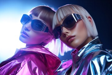 Wall Mural - This picture captures the cool, futuristic confidence of two beautiful women wearing stylish sunglasses and clothing, standing together in an outdoor portrait, chrome glow metallic pink dress