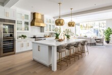 This Extravagant Contemporary Farmhouse Style Kitchen Features Spacious White Walls, Cabinets, And Countertops. The Kitchen Is Equipped With Bar Chairs And An Inviting Eating Counter. The Exquisite