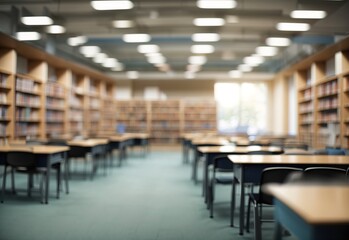 Wall Mural - Abstract blurred empty college library interior space. Blurry classroom with bookshelves by defocused effect