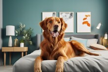A Joyful Ginger Mixed Breed Dog With Vibrant Fur Is Happily Resting In A Stylish Scandinavian Themed Bedroom Decorated With Bright Colors. The Room Features A Spacious King Size Bed And Is Suitable