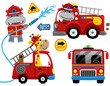 Set of firefighters cartoon element with funny hippo and giraffe in fireman costume