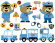 Set of police element cartoon with funny bear in traffic cop uniform