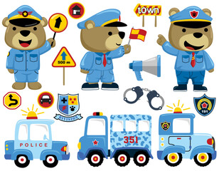 Sticker - Set of police element cartoon with funny bear in traffic cop uniform