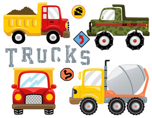 Sticker - Vector set of trucks cartoon illustration with road sign