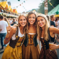 Munich's Oktoberfest street photography, women in bavarian costume, high quality, 